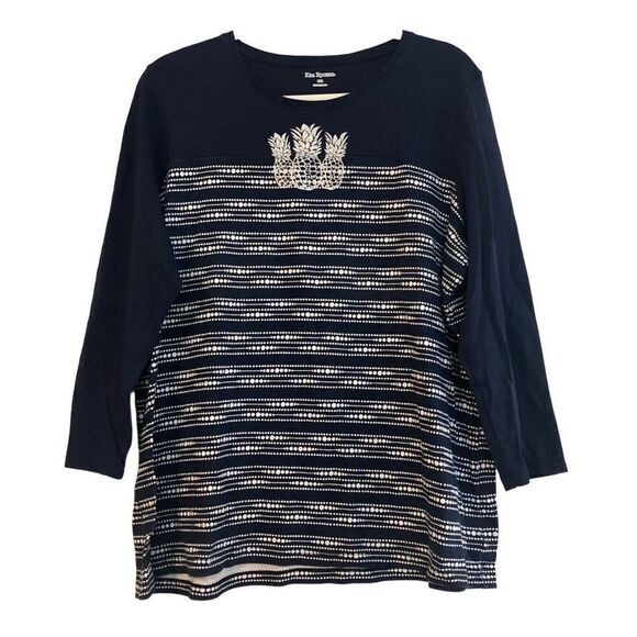 Kim Rogers Navy Pineapple Crew Neck Top Quarter Sleeves Size XXL - Picture 1 of 9